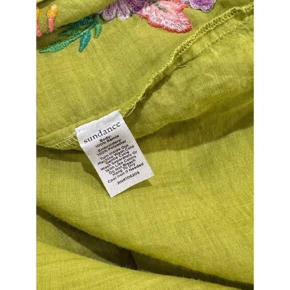 Sundance Womens Top Green Embroidered Floral Ramie 3/4 Sleeve Blouse Boho Large - Picture 10 of 11
